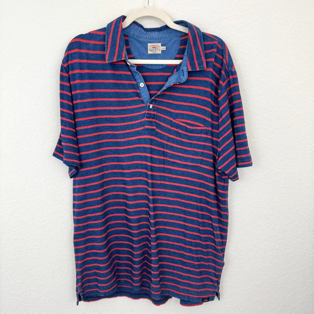Faherty Mens Polo Shirt Size XL 100% Cotton Stripe Casual Preppy Blue